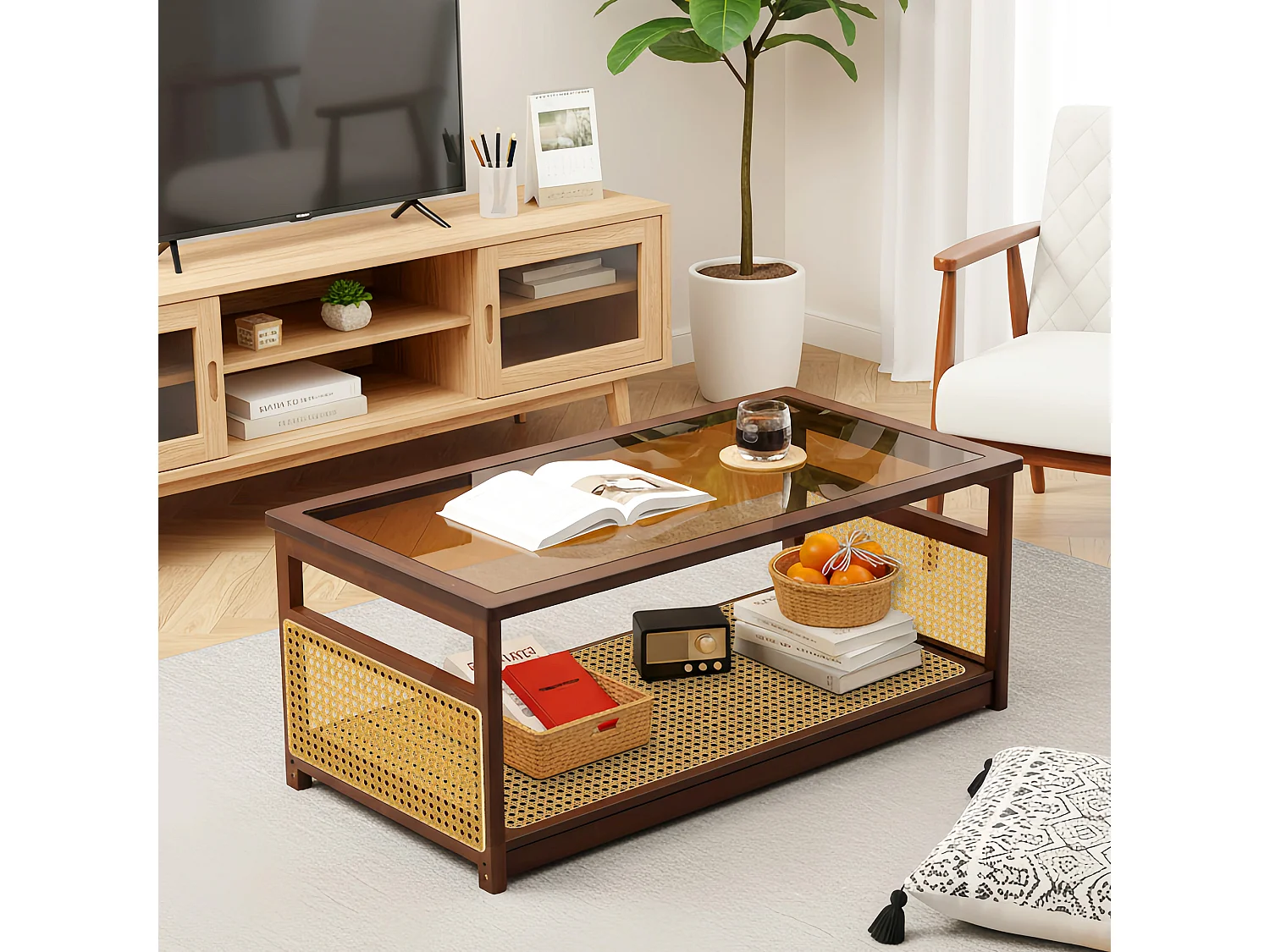 Table basse de salon avec rangement à 2 niveaux, Table rectangulaire en rotin et verre, idéale pour le salon, marron, 108.5 x 53 x 42cm