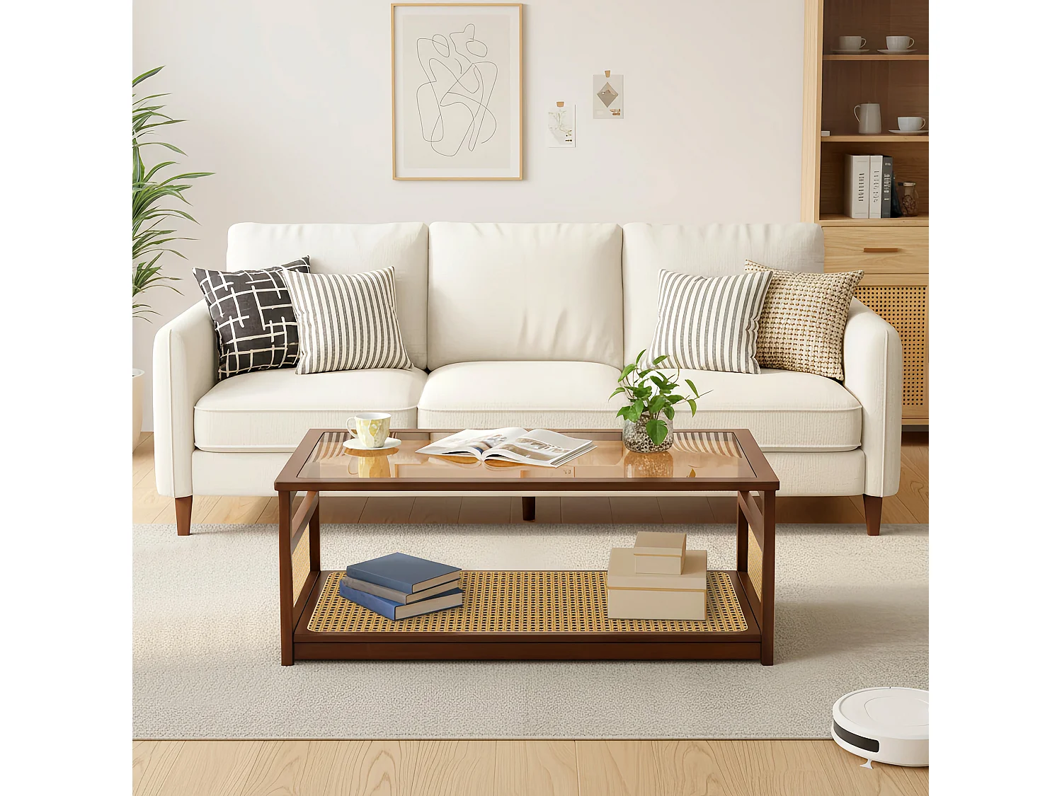 Table basse de salon avec rangement à 2 niveaux, Table rectangulaire en rotin et verre, idéale pour le salon, marron, 108.5 x 53 x 42cm