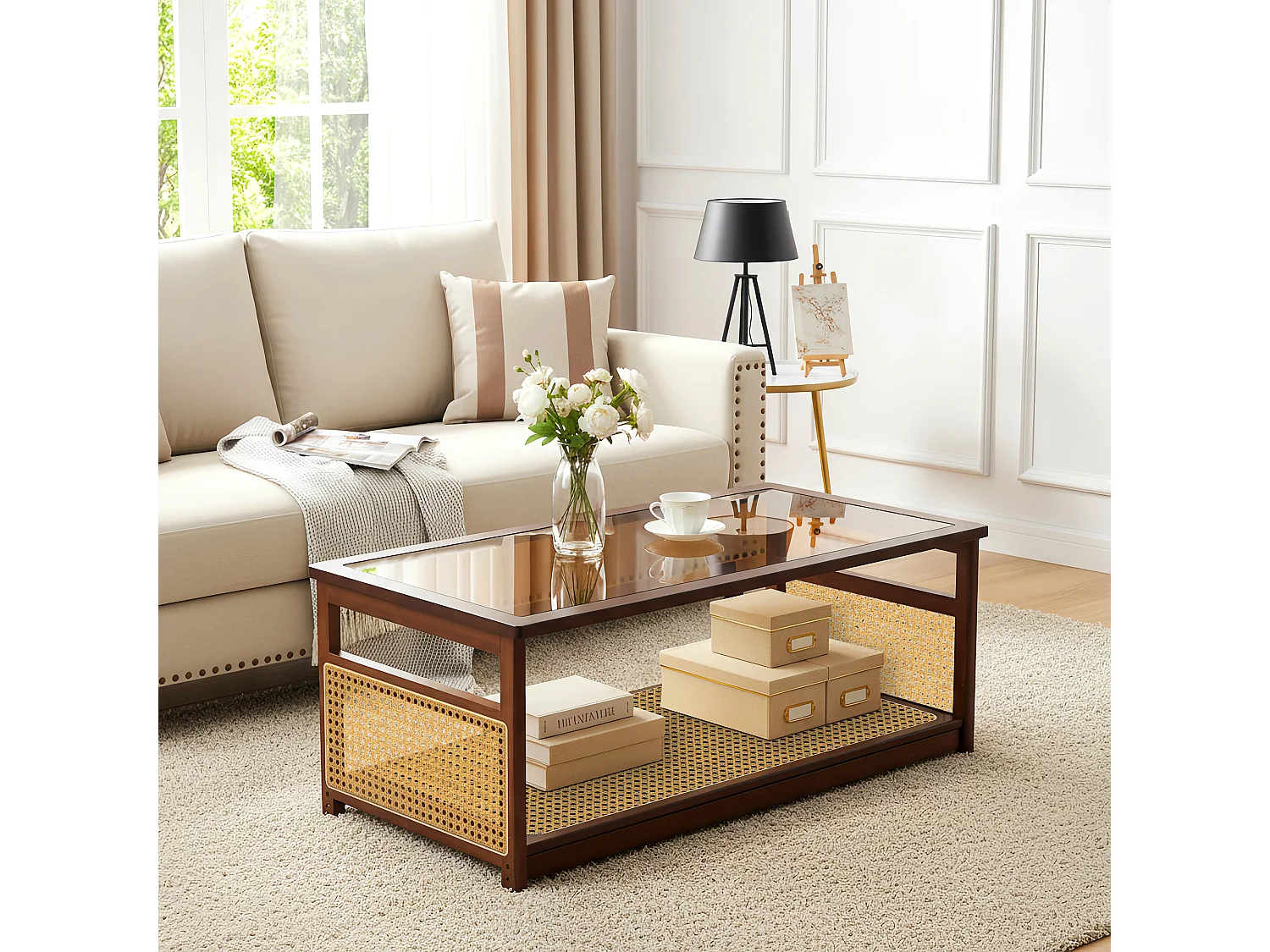 Table basse de salon avec rangement à 2 niveaux, Table rectangulaire en rotin et verre, idéale pour le salon, marron, 108.5 x 53 x 42cm