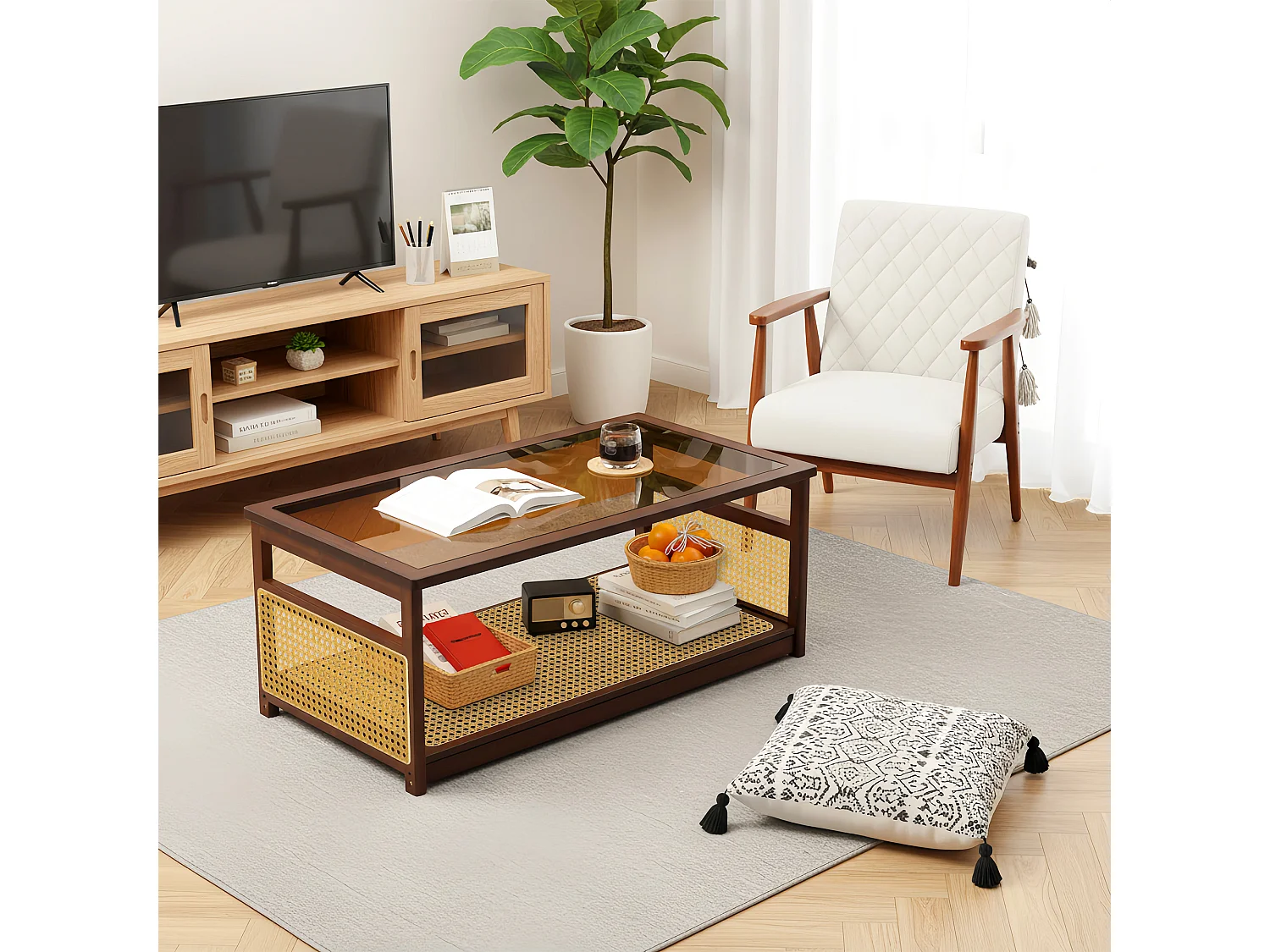 Table basse de salon avec rangement à 2 niveaux, Table rectangulaire en rotin et verre, idéale pour le salon, marron, 108.5 x 53 x 42cm