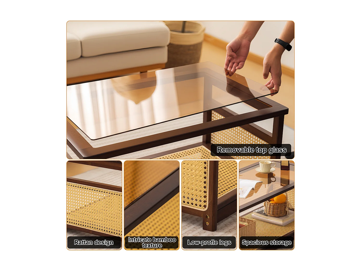 Table basse de salon avec rangement à 2 niveaux, Table rectangulaire en rotin et verre, idéale pour le salon, marron, 108.5 x 53 x 42cm