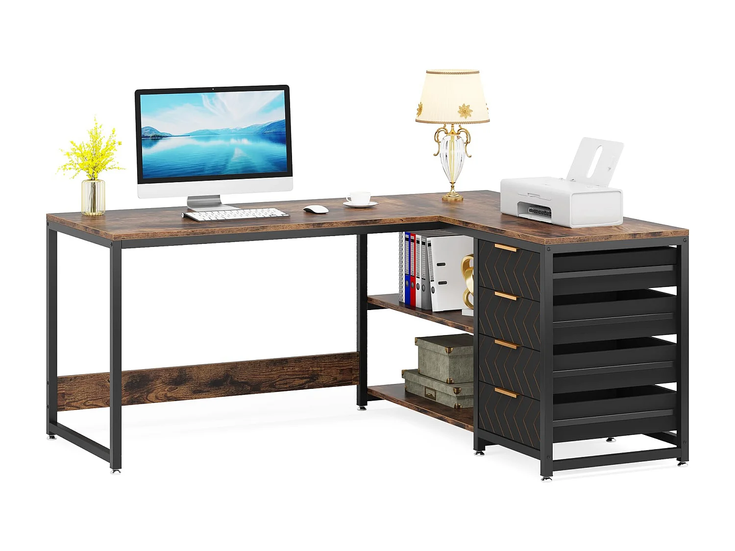Bureau d'angle en Forme de L avec étagères et tiroirs de rangement réversible, , avec Support D'écran (Marron Noir)