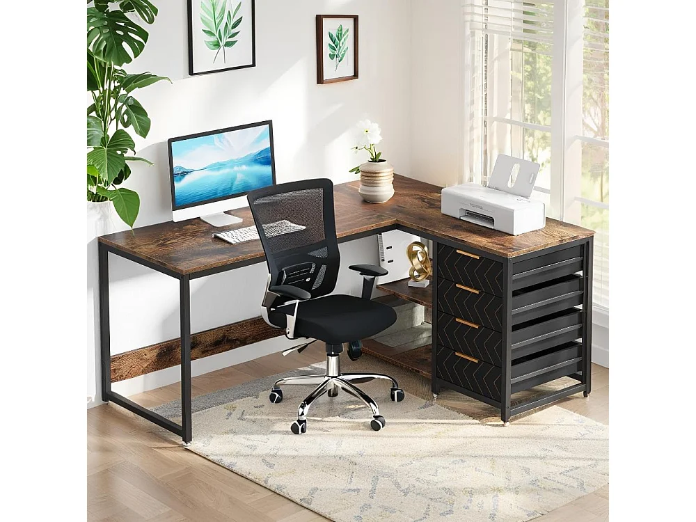 Bureau d'angle en Forme de L avec étagères et tiroirs de rangement réversible, , avec Support D'écran (Marron Noir)