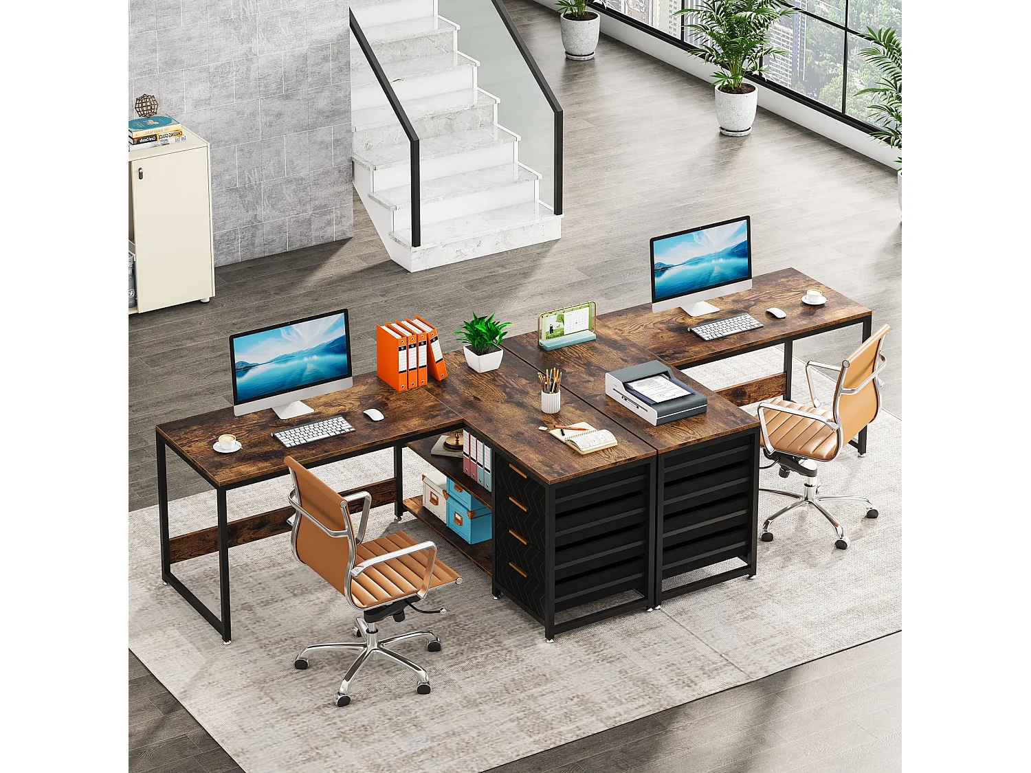 Bureau d'angle en Forme de L avec étagères et tiroirs de rangement réversible, , avec Support D'écran (Marron Noir)