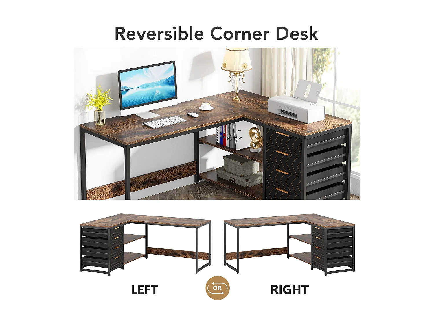 Bureau d'angle en Forme de L avec étagères et tiroirs de rangement réversible, , avec Support D'écran (Marron Noir)