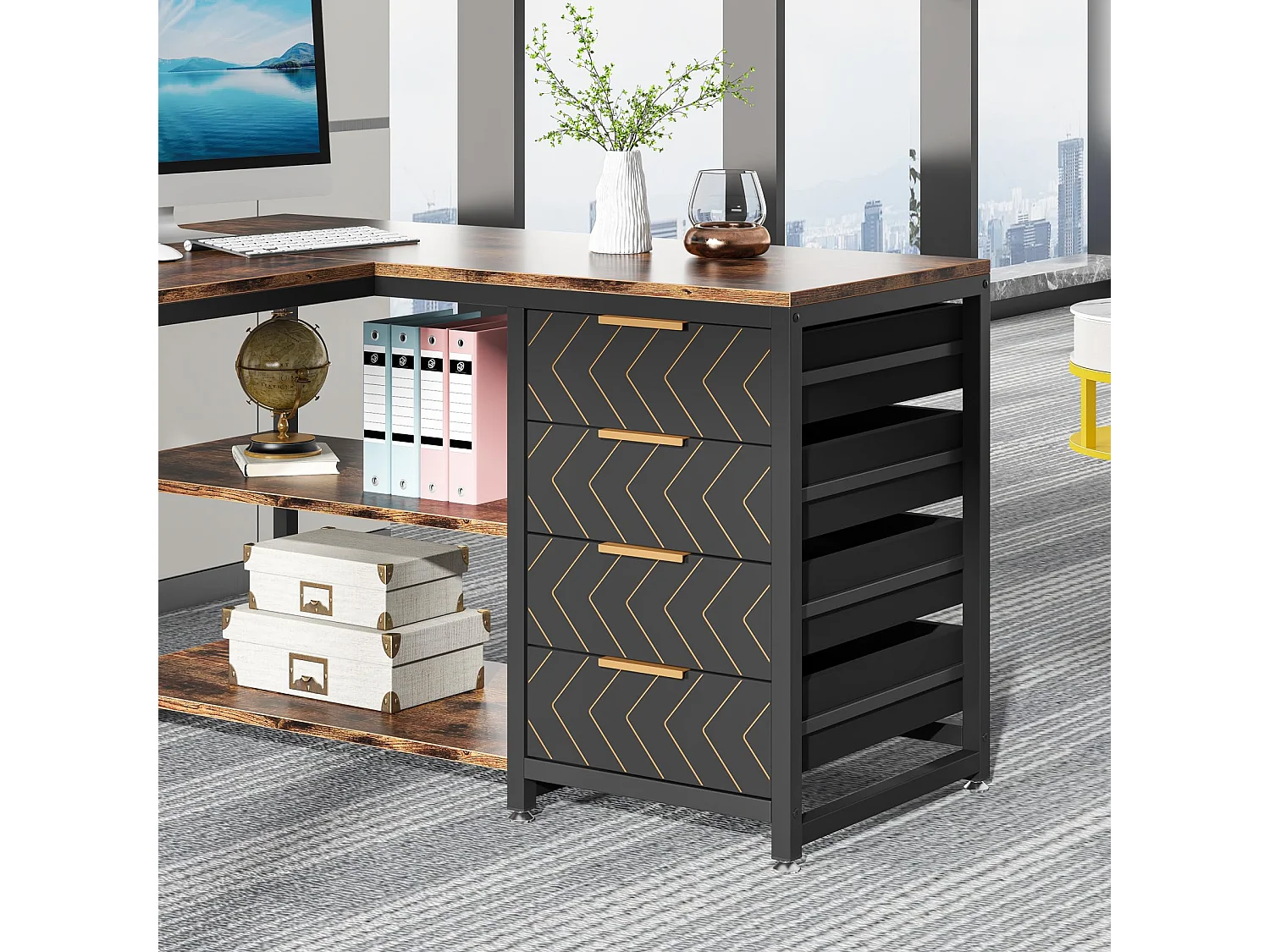 Bureau d'angle en Forme de L avec étagères et tiroirs de rangement réversible, , avec Support D'écran (Marron Noir)