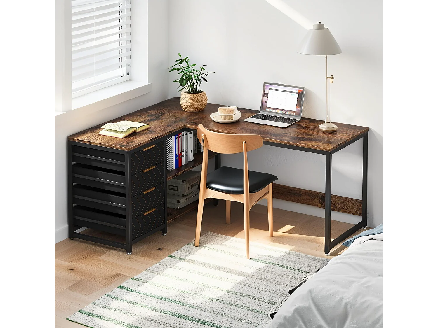Bureau d'angle en Forme de L avec étagères et tiroirs de rangement réversible, , avec Support D'écran (Marron Noir)