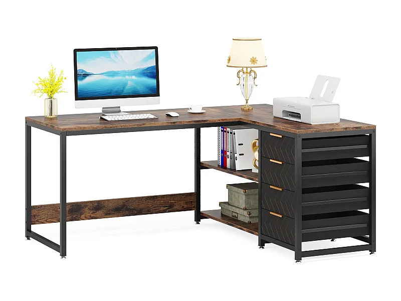 Bureau d'angle en Forme de L avec étagères et tiroirs de rangement réversible, , avec Support D'écran (Marron Noir)