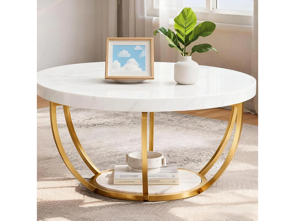 Table basse ronde industrielle à 2 niveaux avec étagères, table d'appoint de canapé circulaire avec pieds en métal pour le salon, la maison, grain de bois