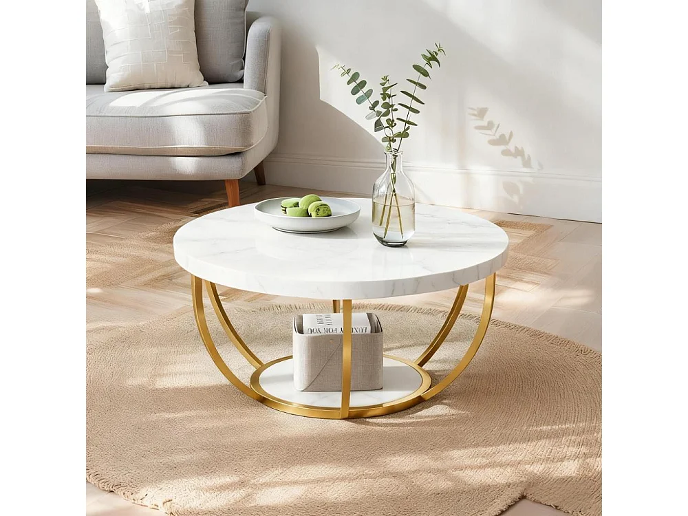 Table basse ronde industrielle à 2 niveaux avec étagères, table d'appoint de canapé circulaire avec pieds en métal pour le salon, la maison, grain de bois