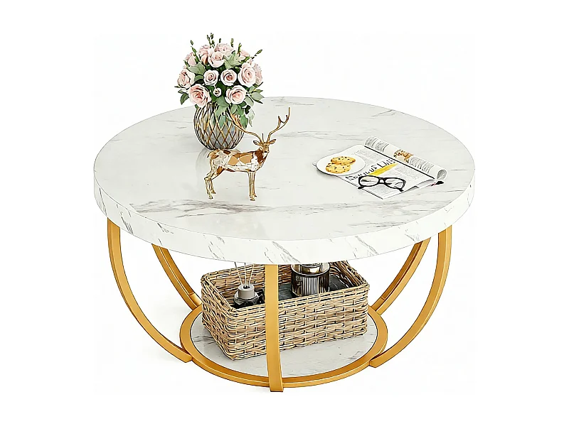 Table basse ronde industrielle à 2 niveaux avec étagères, table d'appoint de canapé circulaire avec pieds en métal pour le salon, la maison, grain de bois