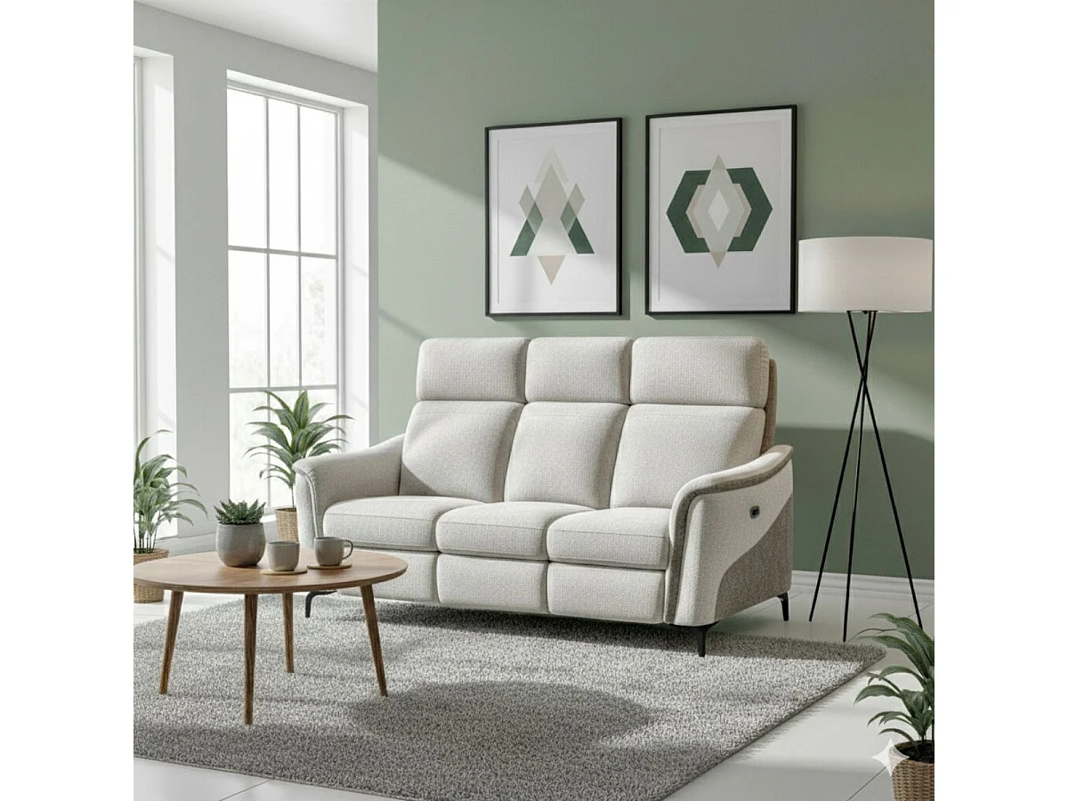 Canapé 3 places relax électrique tissu maillé ultra doux bi-olore gris avec tablette centrale - SOLLYS