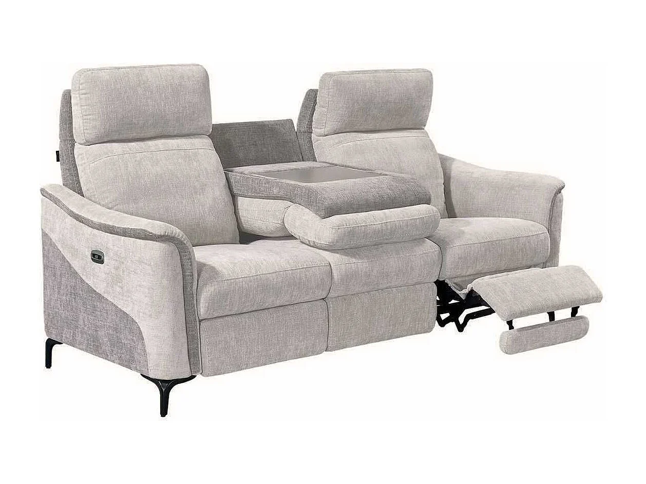 Canapé 3 places relax électrique tissu maillé ultra doux bi-olore gris avec tablette centrale - SOLLYS