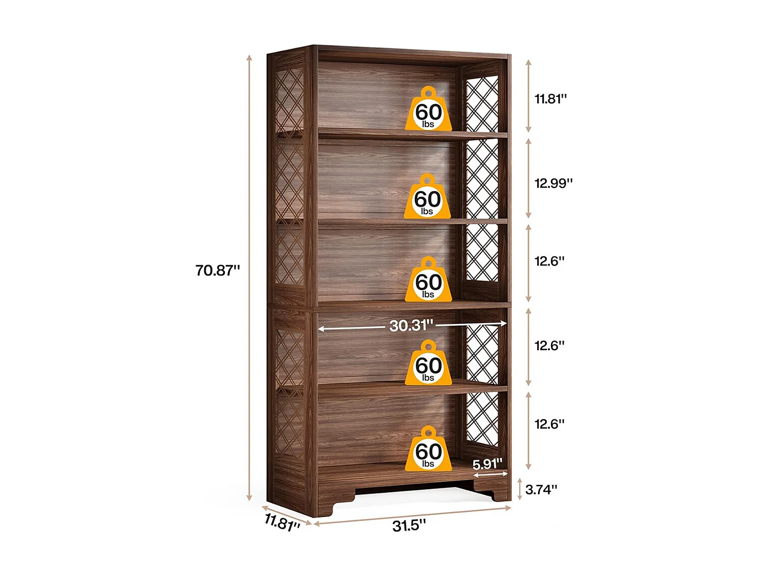 Bibliothèque à 6 niveaux, 180 cm, bibliothèque haute vintage, étagère de rangement à 5 niveaux, pour salon, bureau, chambre