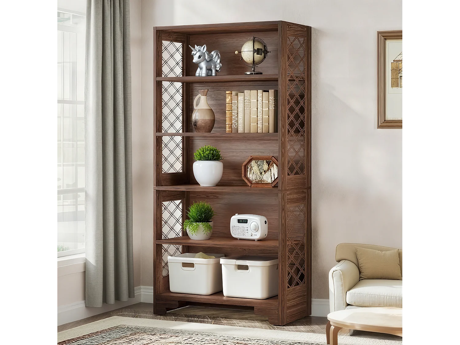 Bibliothèque à 6 niveaux, 180 cm, bibliothèque haute vintage, étagère de rangement à 5 niveaux, pour salon, bureau, chambre