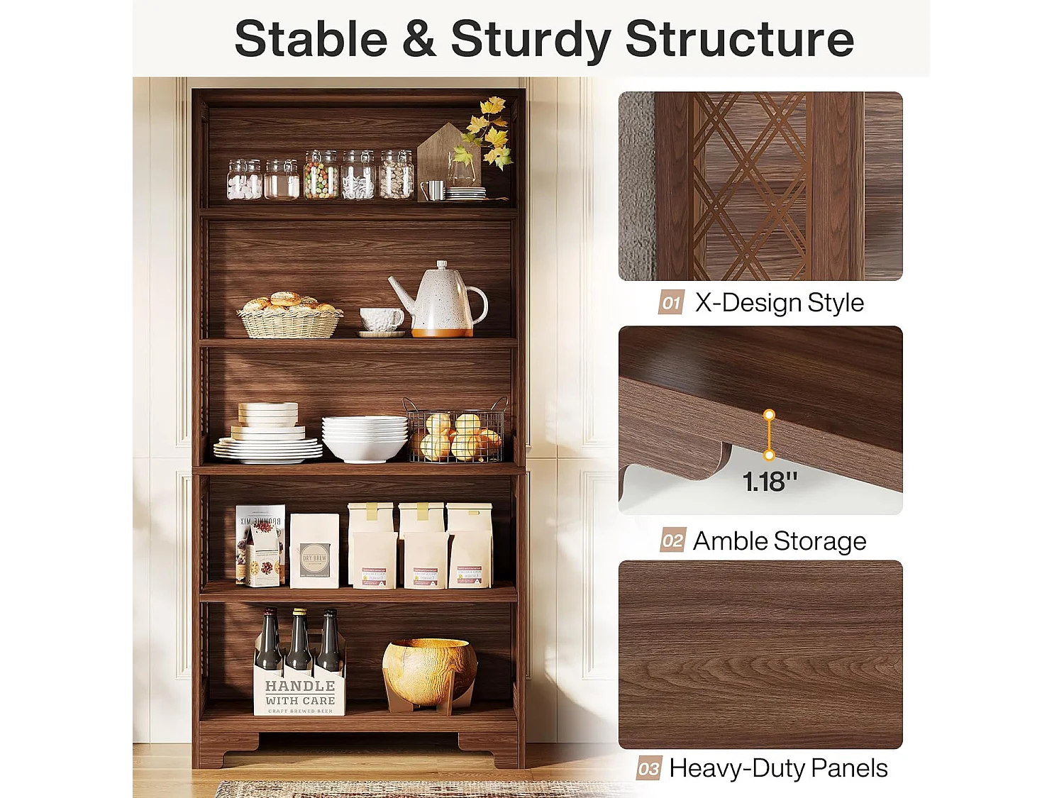 Bibliothèque à 6 niveaux, 180 cm, bibliothèque haute vintage, étagère de rangement à 5 niveaux, pour salon, bureau, chambre