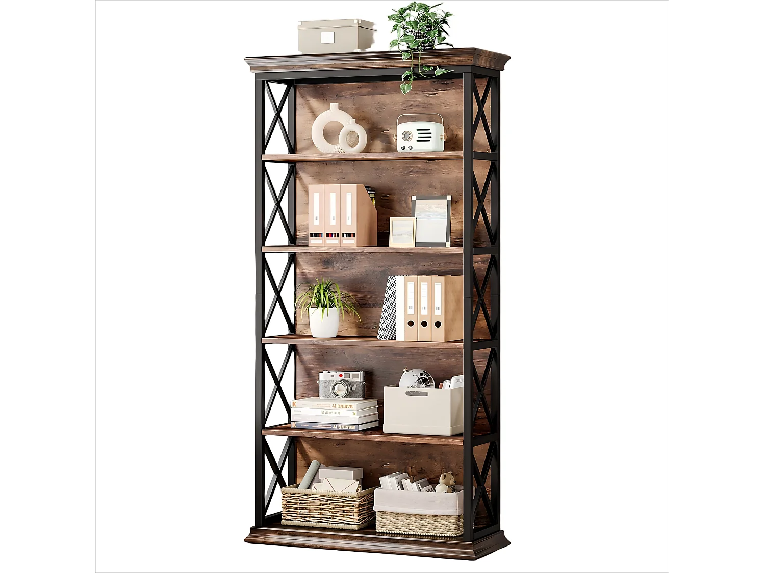 Bibliothèque 180cm Industrielle à 6 Niveaux, à Poser au Sol, 5 étagères de Rangement pour la Maison, Le Bureau, Marron et Noir