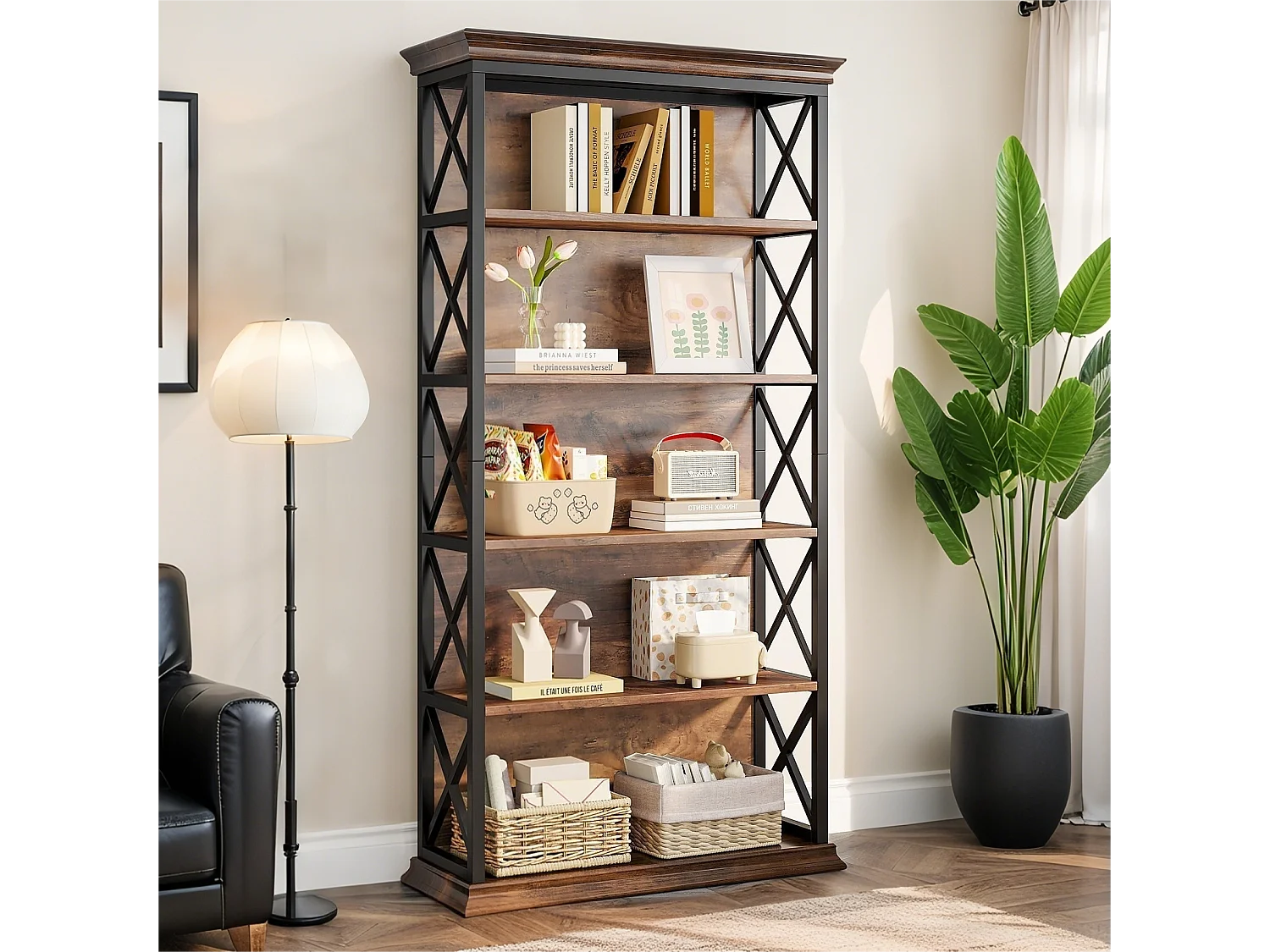 Bibliothèque 180cm Industrielle à 6 Niveaux, à Poser au Sol, 5 étagères de Rangement pour la Maison, Le Bureau, Marron et Noir