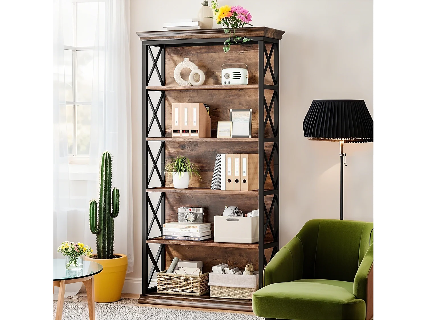 Bibliothèque 180cm Industrielle à 6 Niveaux, à Poser au Sol, 5 étagères de Rangement pour la Maison, Le Bureau, Marron et Noir