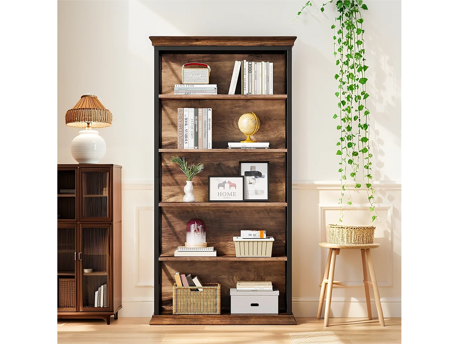 Bibliothèque 180cm Industrielle à 6 Niveaux, à Poser au Sol, 5 étagères de Rangement pour la Maison, Le Bureau, Marron et Noir