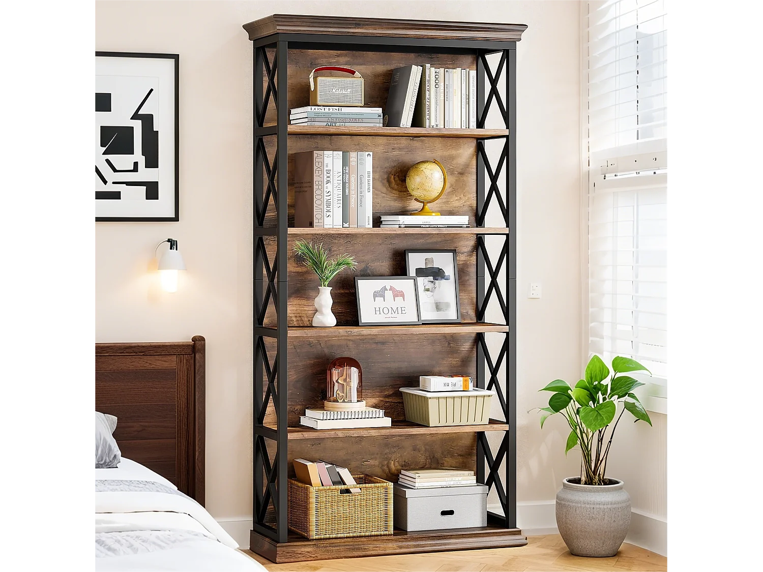 Bibliothèque 180cm Industrielle à 6 Niveaux, à Poser au Sol, 5 étagères de Rangement pour la Maison, Le Bureau, Marron et Noir