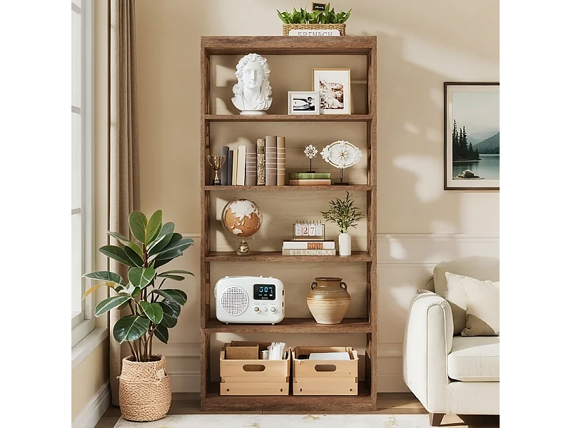 Bibliothèque vintage de 179 cm, Étagère de rangement à 5 niveaux, bibliothèque verticale ajourée, étagère haute autoportante