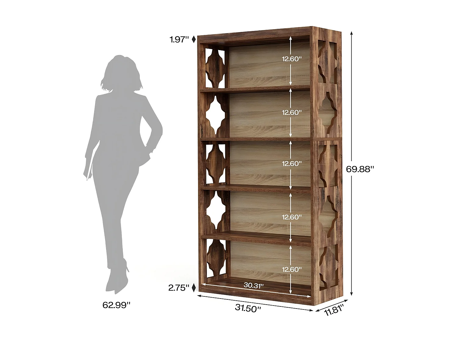 Bibliothèque vintage de 179 cm, Étagère de rangement à 5 niveaux, bibliothèque verticale ajourée, étagère haute autoportante