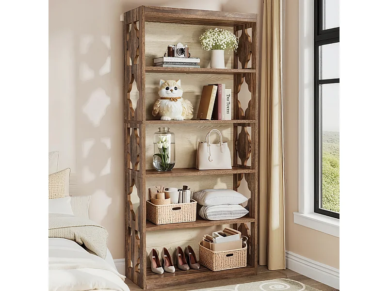 Bibliothèque vintage de 179 cm, Étagère de rangement à 5 niveaux, bibliothèque verticale ajourée, étagère haute autoportante