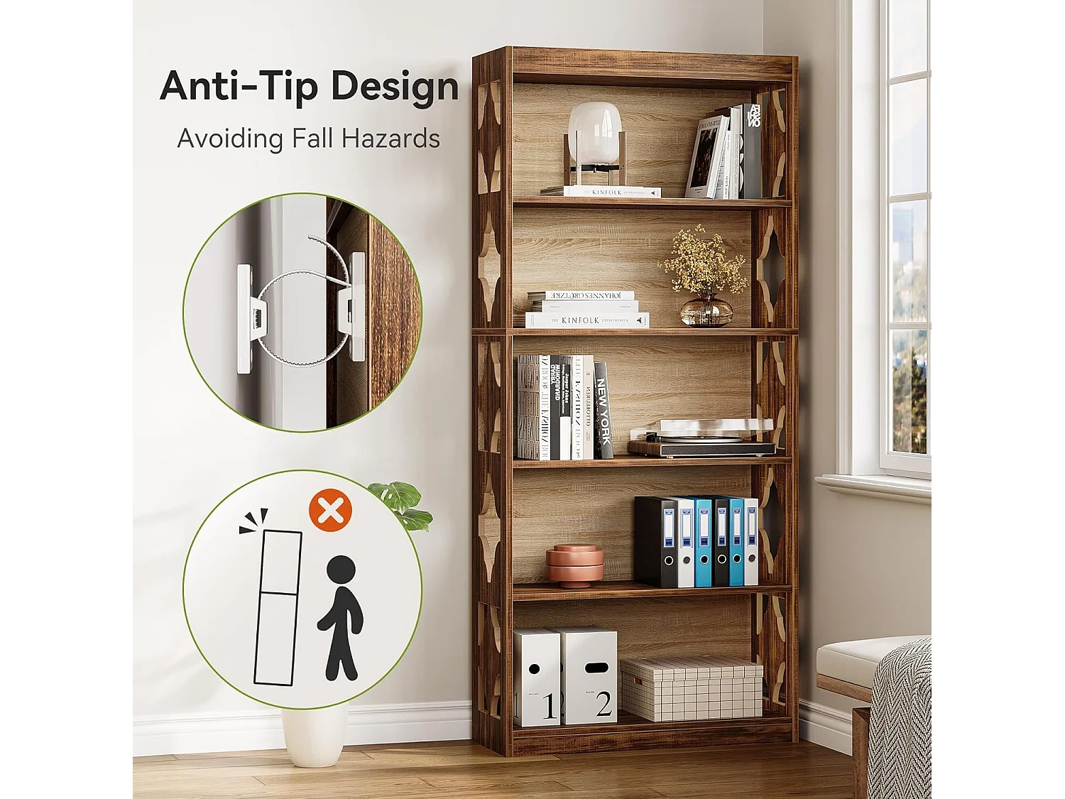 Bibliothèque vintage de 179 cm, Étagère de rangement à 5 niveaux, bibliothèque verticale ajourée, étagère haute autoportante