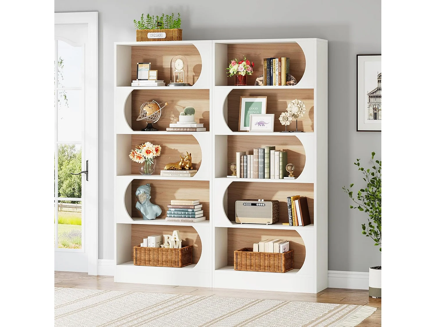 Bibliothèque à 5 Niveaux, 180CM,  Étagères de Rangement, Cubique Ouverte, Étagères d'Affichage en Bois pour Chambre à Coucher, Salon, Bureau, Blanc et Noyer