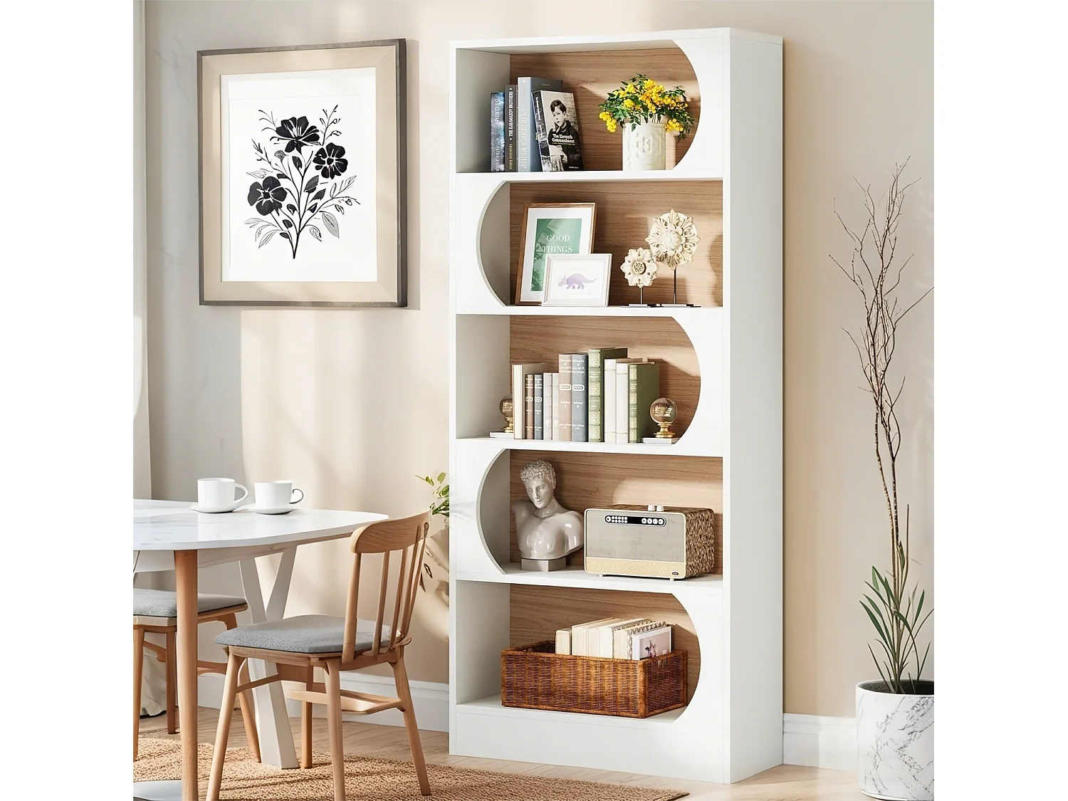 Bibliothèque à 5 Niveaux, 180CM,  Étagères de Rangement, Cubique Ouverte, Étagères d'Affichage en Bois pour Chambre à Coucher, Salon, Bureau, Blanc et Noyer