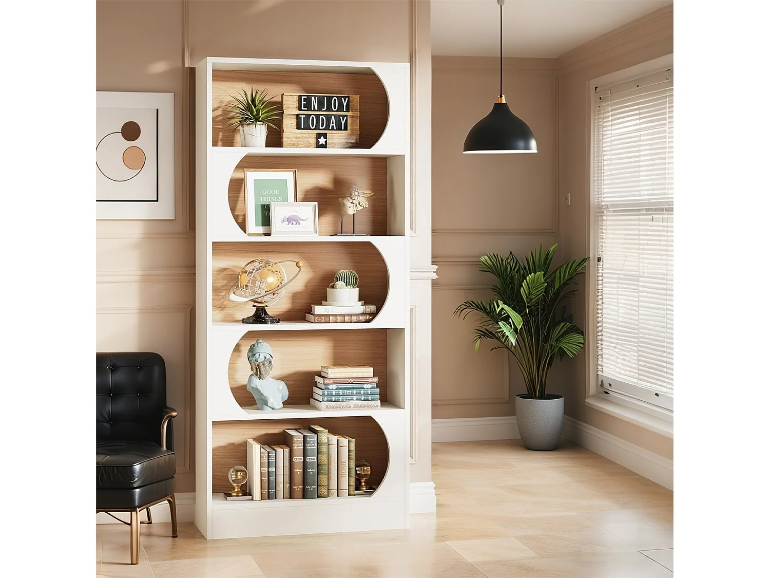 Bibliothèque à 5 Niveaux, 180CM,  Étagères de Rangement, Cubique Ouverte, Étagères d'Affichage en Bois pour Chambre à Coucher, Salon, Bureau, Blanc et Noyer
