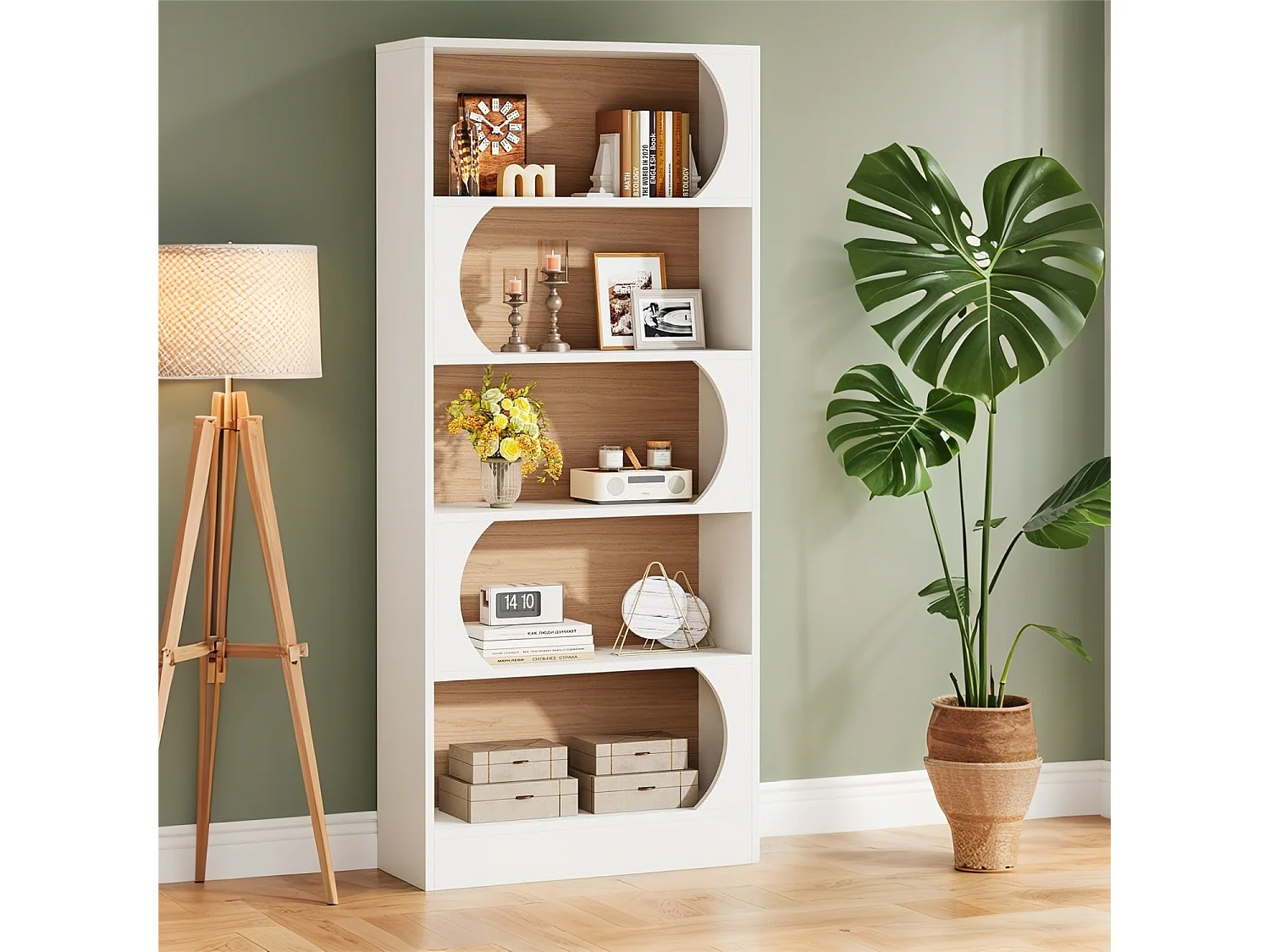 Bibliothèque à 5 Niveaux, 180CM,  Étagères de Rangement, Cubique Ouverte, Étagères d'Affichage en Bois pour Chambre à Coucher, Salon, Bureau, Blanc et Noyer