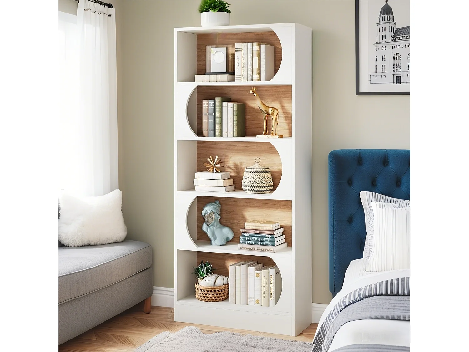 Bibliothèque à 5 Niveaux, 180CM,  Étagères de Rangement, Cubique Ouverte, Étagères d'Affichage en Bois pour Chambre à Coucher, Salon, Bureau, Blanc et Noyer