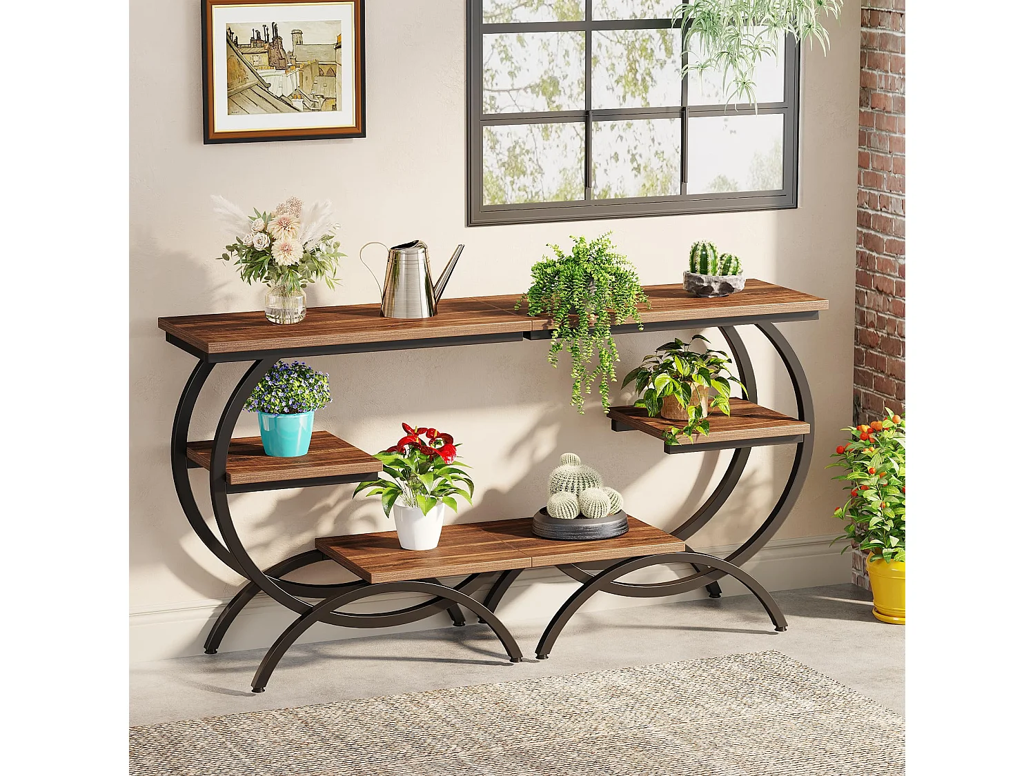 Table d'Appoint Bois - Petite Table Basses - Bout de Canapé avec 3 Étagères pour Salon, Chambre à Coucher, Marron Foncé