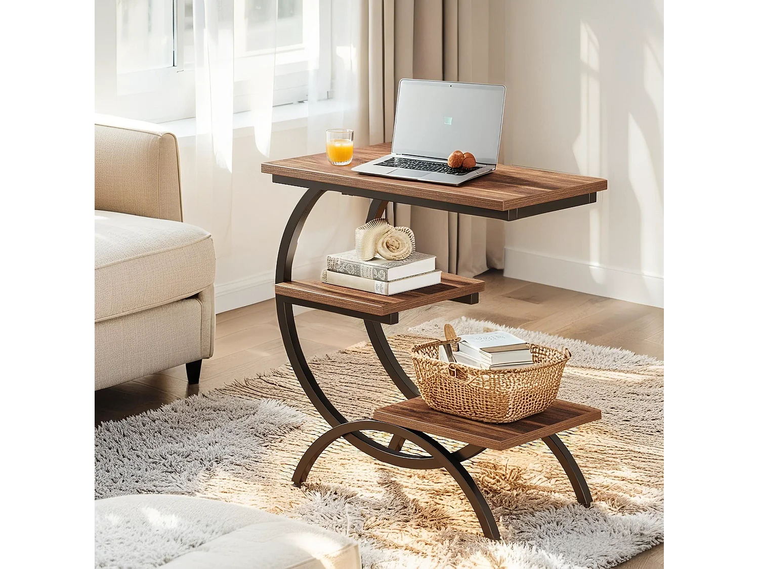 Table d'Appoint Bois - Petite Table Basses - Bout de Canapé avec 3 Étagères pour Salon, Chambre à Coucher, Marron Foncé