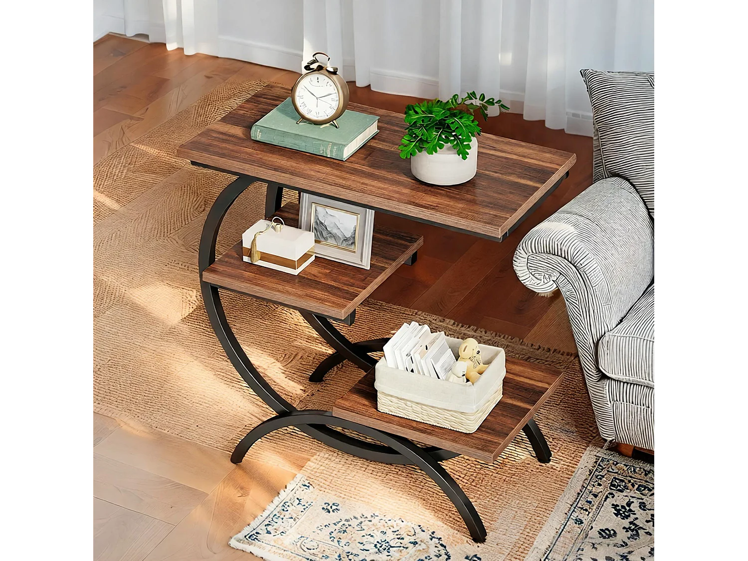 Table d'Appoint Bois - Petite Table Basses - Bout de Canapé avec 3 Étagères pour Salon, Chambre à Coucher, Marron Foncé