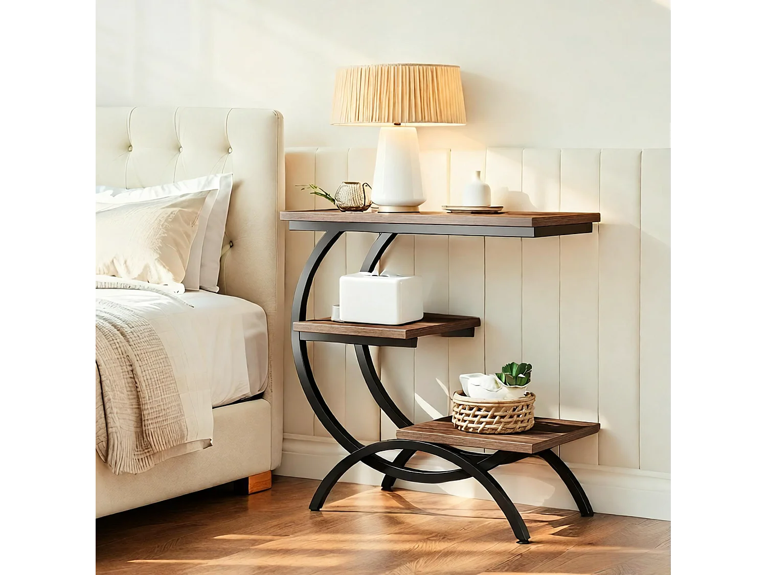 Table d'Appoint Bois - Petite Table Basses - Bout de Canapé avec 3 Étagères pour Salon, Chambre à Coucher, Marron Foncé
