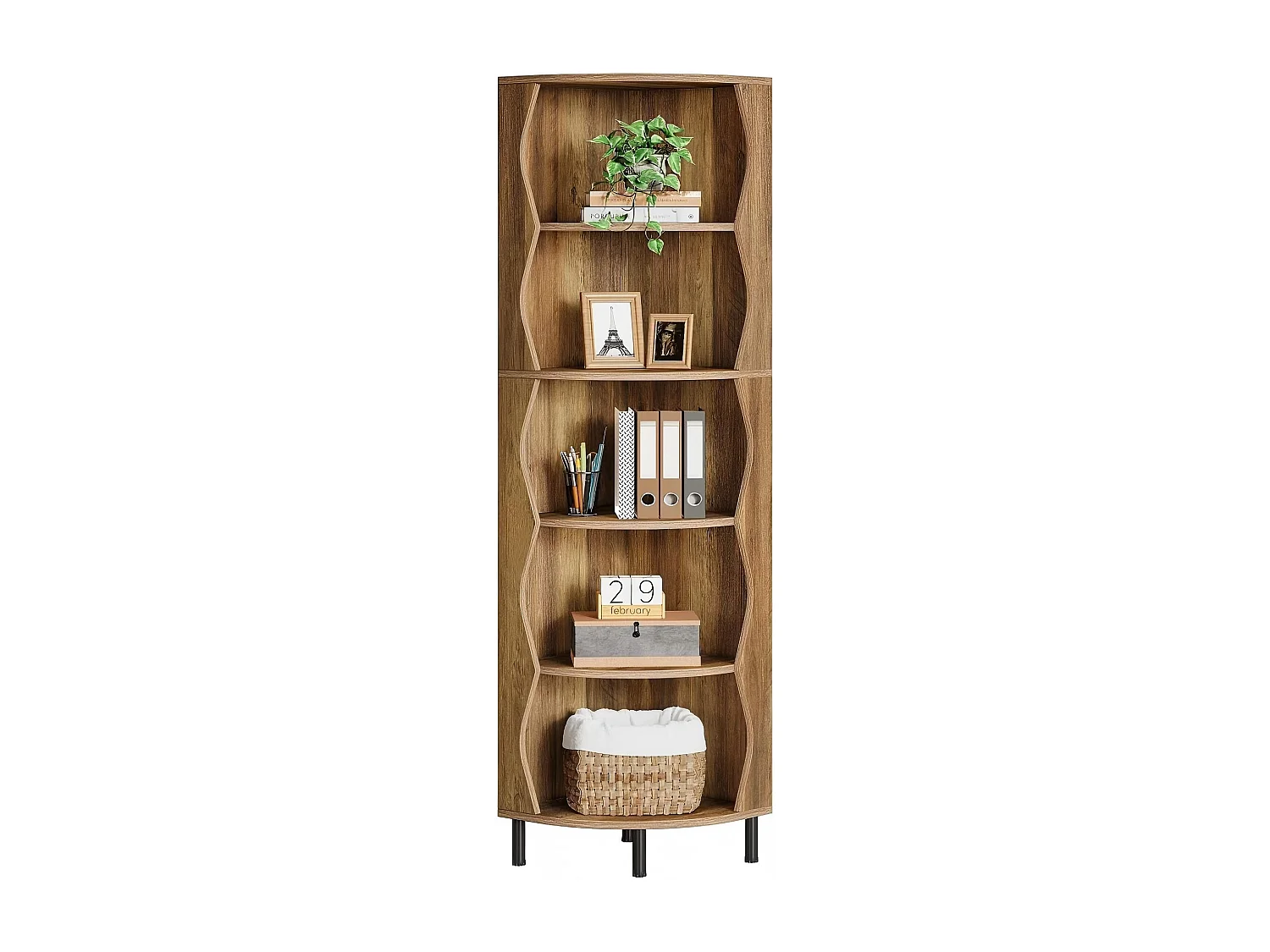 Bibliothèque d'angle de 182 cm de haut, Étagère de rangement à 5 niveaux en bois avec support pour plantes,pour salon