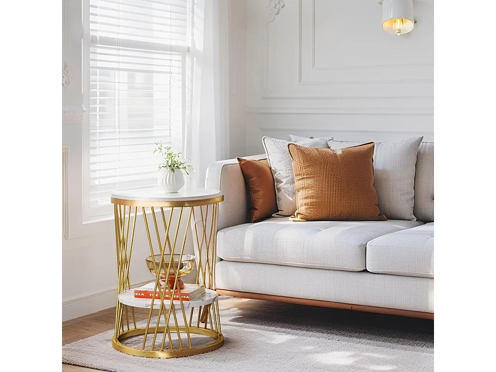 Table d'appoint ronde moderne blanche et dorée avec étagères en faux marbre, table de chevet à 2 niveaux, table basse fine pour canapé, chambre à coucher, salon