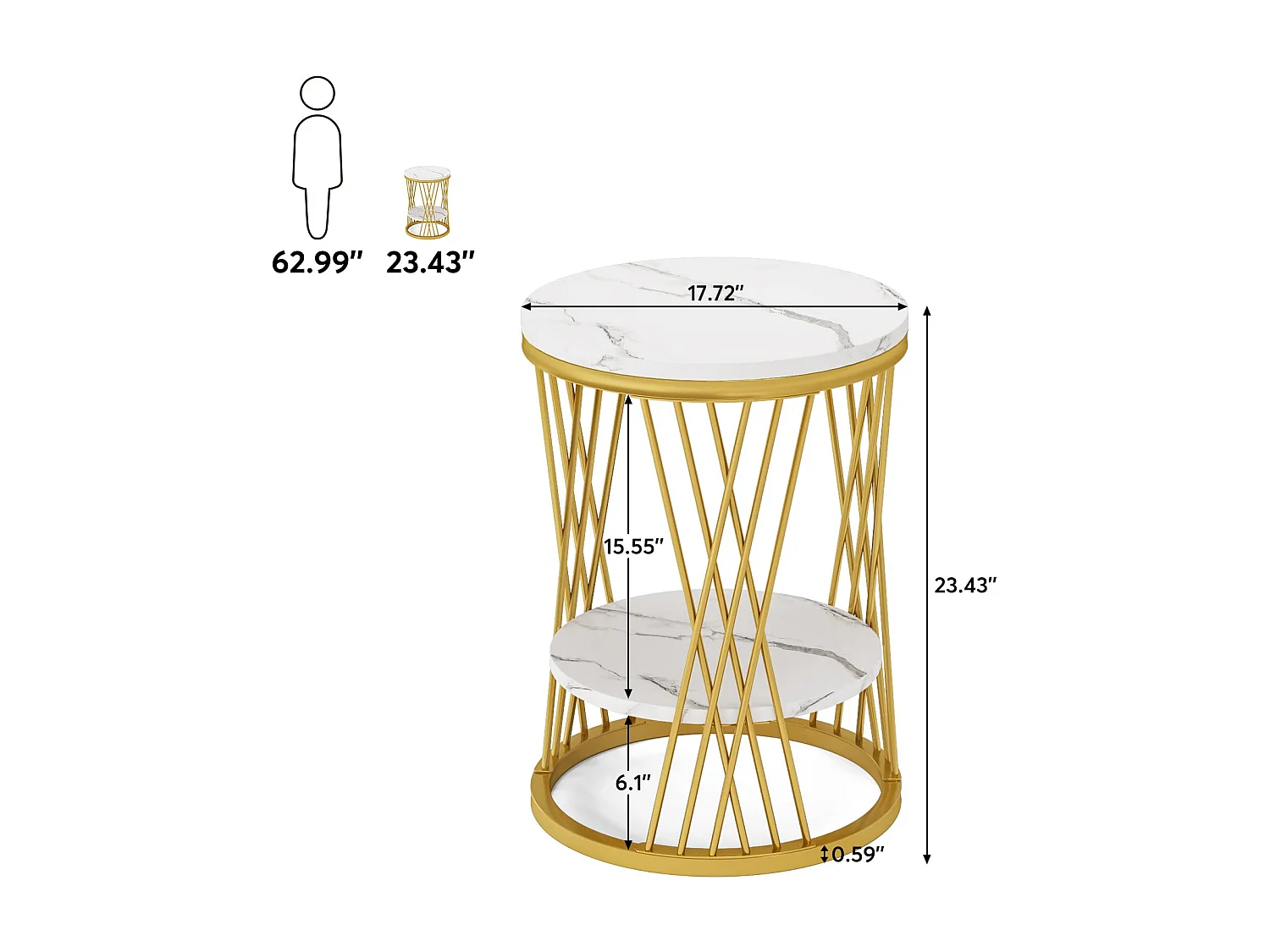 Table d'appoint ronde moderne blanche et dorée avec étagères en faux marbre, table de chevet à 2 niveaux, table basse fine pour canapé, chambre à coucher, salon