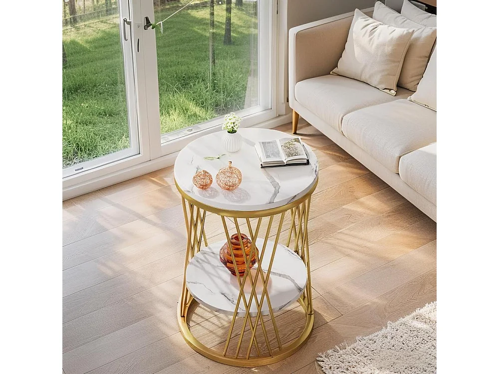 Table d'appoint ronde moderne blanche et dorée avec étagères en faux marbre, table de chevet à 2 niveaux, table basse fine pour canapé, chambre à coucher, salon