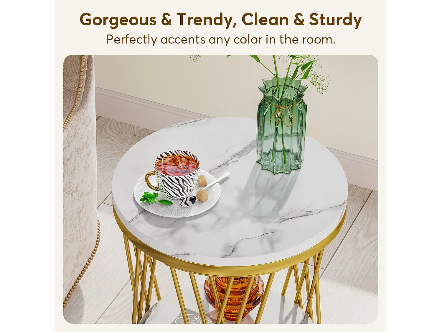 Table d'appoint ronde moderne blanche et dorée avec étagères en faux marbre, table de chevet à 2 niveaux, table basse fine pour canapé, chambre à coucher, salon