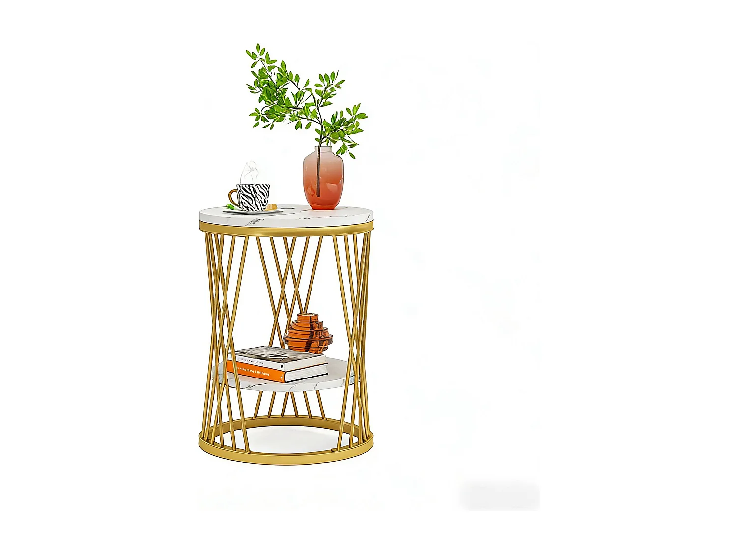 Table d'appoint ronde moderne blanche et dorée avec étagères en faux marbre, table de chevet à 2 niveaux, table basse fine pour canapé, chambre à coucher, salon