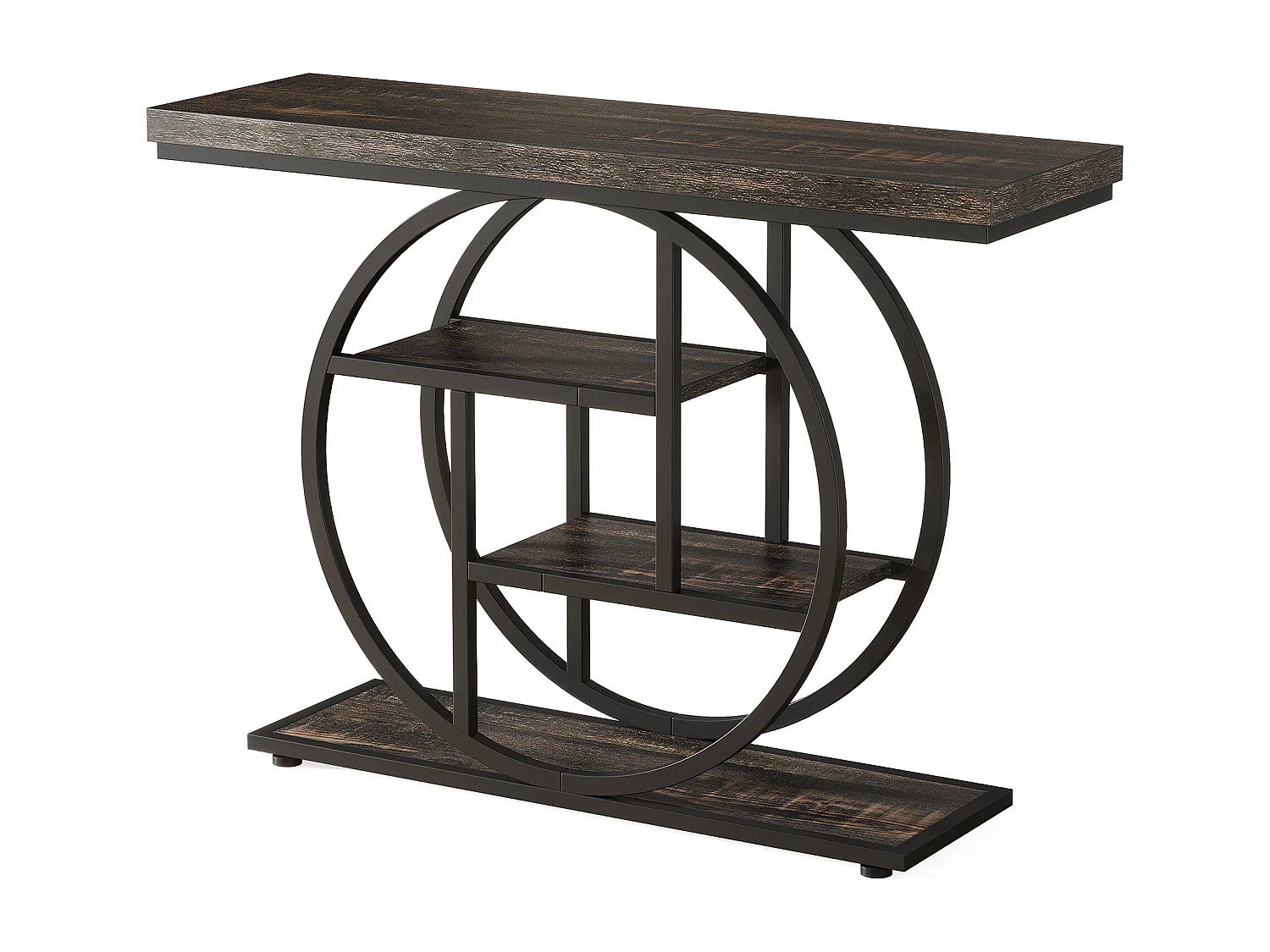 Table Console 105 cm de long, à 4 Niveaux de rangement avec Base Circulaire, Style Industriel ,pour entrée, Couloir, entrée, Salon (Noir)
