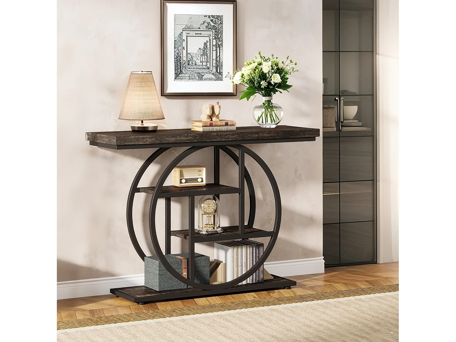 Table Console 105 cm de long, à 4 Niveaux de rangement avec Base Circulaire, Style Industriel ,pour entrée, Couloir, entrée, Salon (Noir)