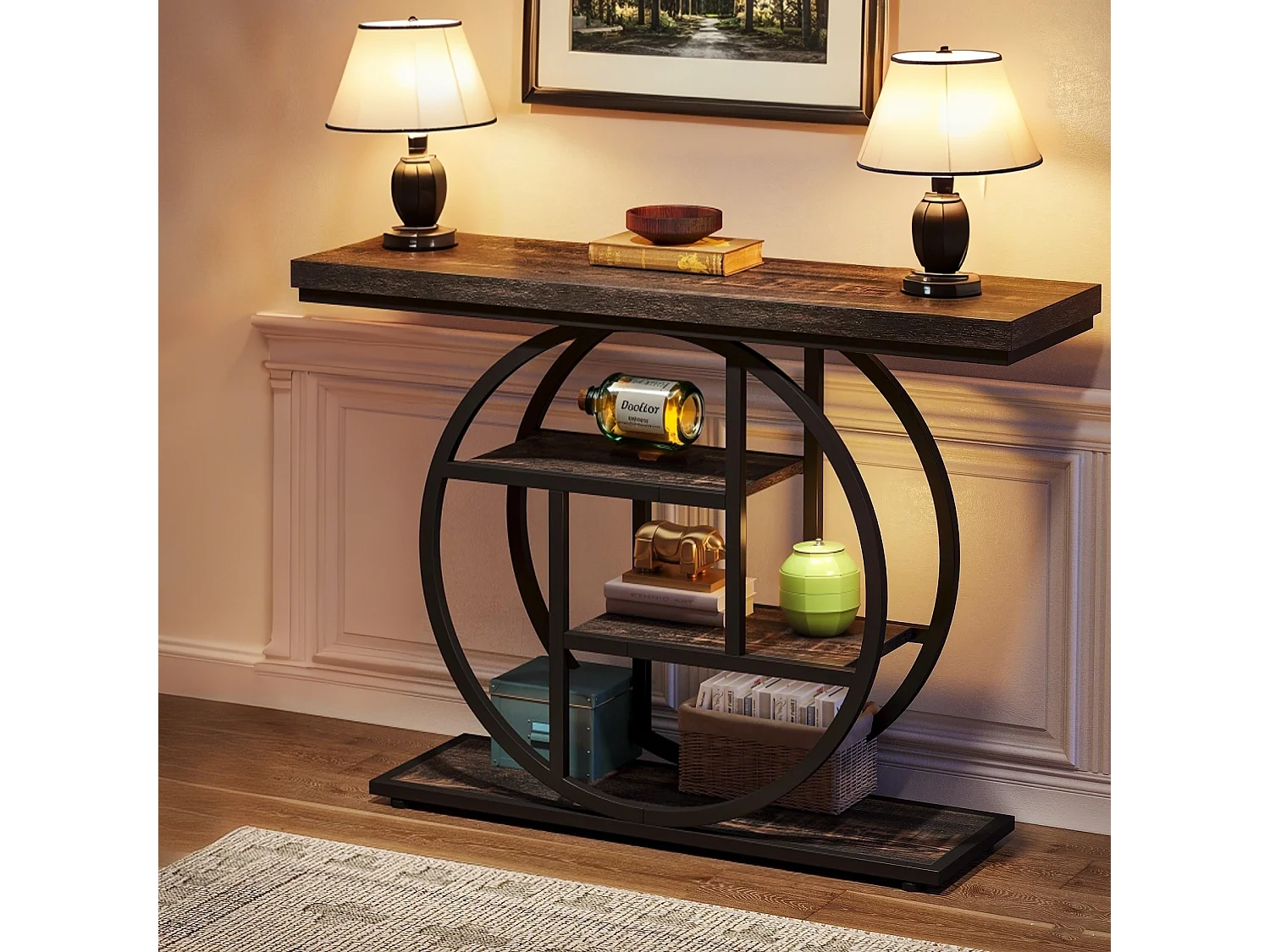 Table Console 105 cm de long, à 4 Niveaux de rangement avec Base Circulaire, Style Industriel ,pour entrée, Couloir, entrée, Salon (Noir)