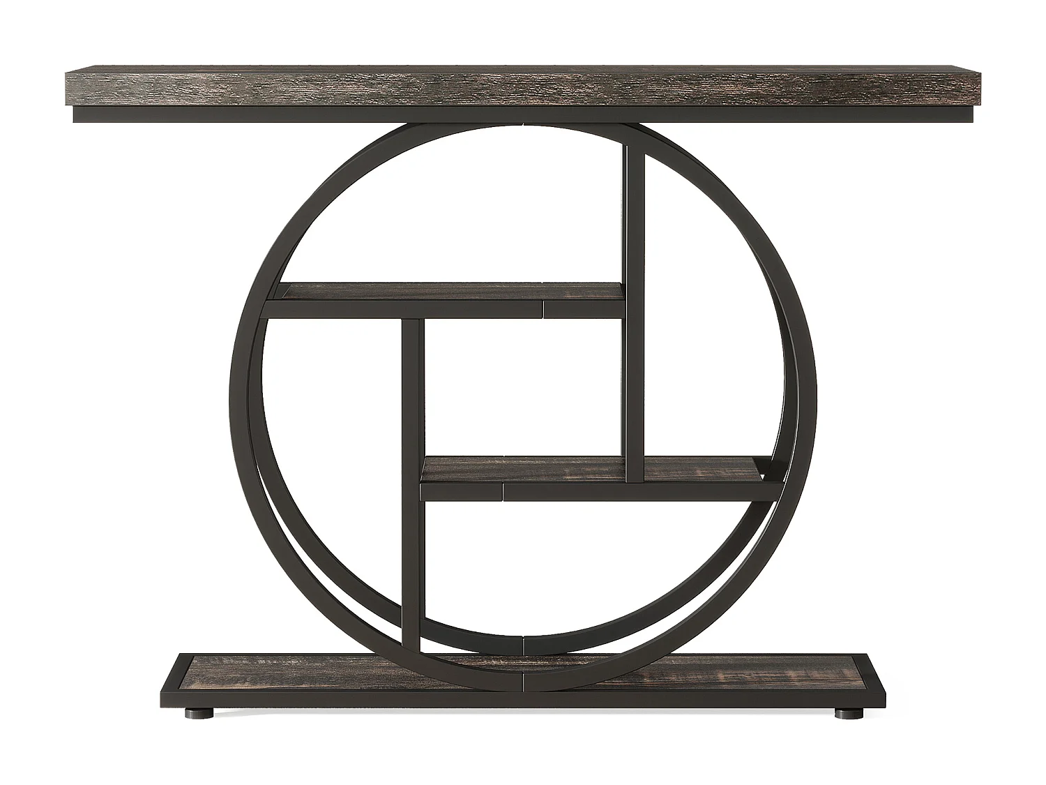Table Console 105 cm de long, à 4 Niveaux de rangement avec Base Circulaire, Style Industriel ,pour entrée, Couloir, entrée, Salon (Noir)