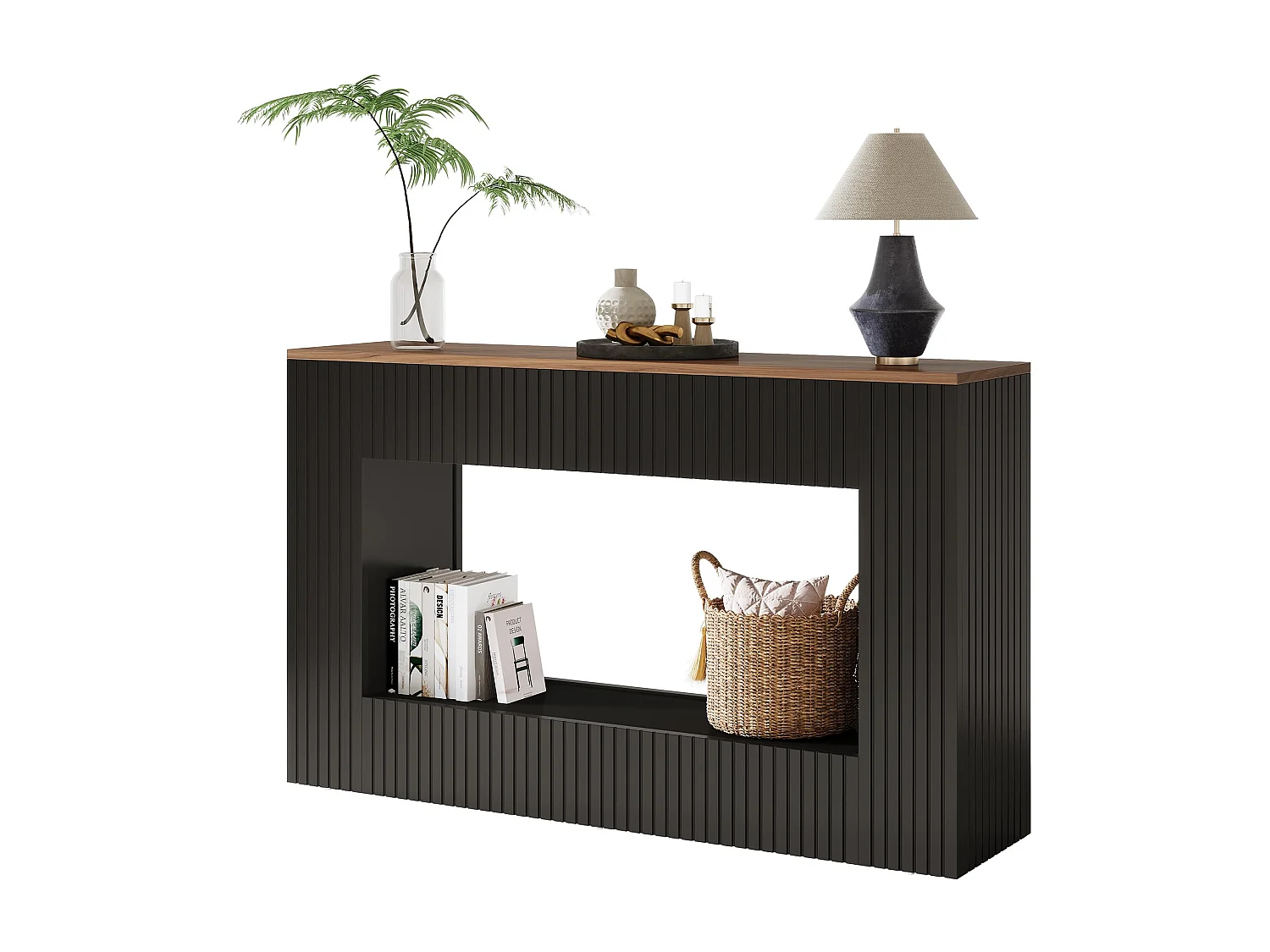 Table console moderne, 140 x 30 x 85 cm, table de couloir, table basse étroite avec rangement, table basse en bois pour entrée, couloir, salon, noire