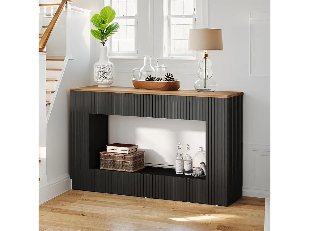 Table console moderne, 140 x 30 x 85 cm, table de couloir, table basse étroite avec rangement, table basse en bois pour entrée, couloir, salon, noire